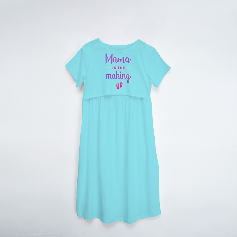 "Mama In The Making" - Comfort Fit Maternity Maxi Dress With Prints - AQUA BLUE - XS XS(Chest 32")