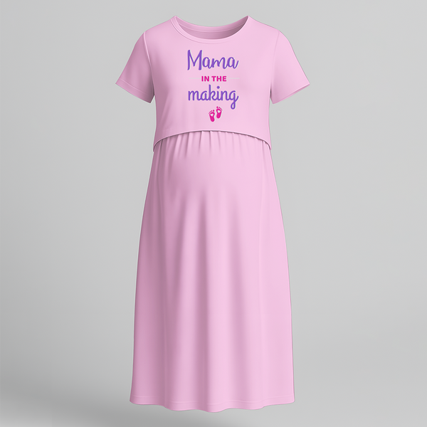 "Mama In The Making" - Comfort Fit Maternity Maxi Dress With Prints - BABY PINK - Extra Small (Chest 32")