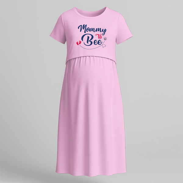 "Mommy To Bee"- Comfort Fit Maternity Maxi Dress With Prints - BABY PINK - Extra Small (Chest 32")