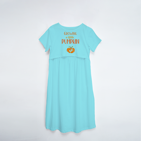 "Growing A Little Pumpkin " - Comfort Fit Maternity Maxi Dress With Prints - AQUA BLUE - XS XS(Chest 32")