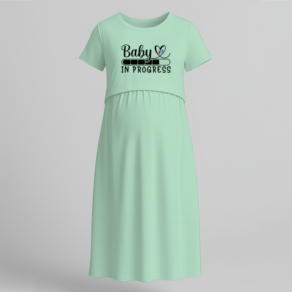 "Baby In Progress " - Comfort Fit Maternity Maxi Dress With Prints - MINT GREEN - Extra Small (Chest 32")