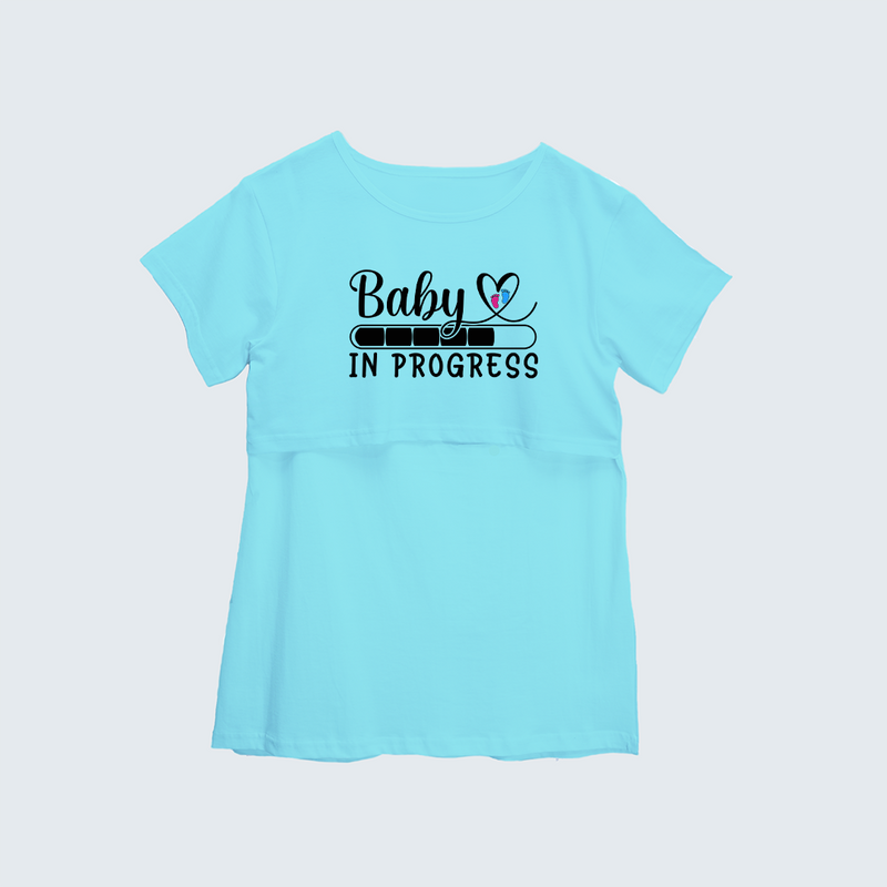 "Baby In Progress " - Comfort Fit Maternity T-shirt With Prints - AQUA BLUE - XS XS(Chest 32")