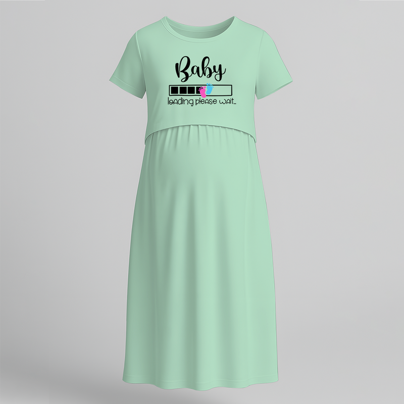"Baby Loading Please Wait…. " - Comfort Fit Maternity Maxi Dress With Prints - MINT GREEN - Extra Small (Chest 32")
