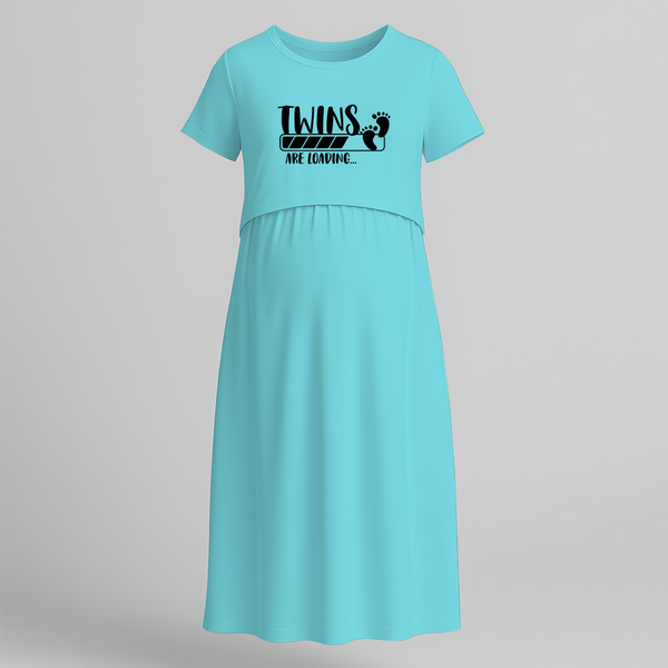 "Twins Are Loading…. "- Comfort Fit Maternity Maxi Dress With Prints - BABY BLUE - Extra Small (Chest 32")