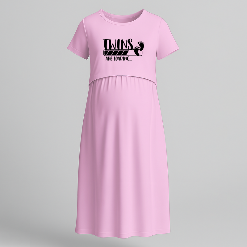 "Twins Are Loading…. "- Comfort Fit Maternity Maxi Dress With Prints - BABY PINK - Extra Small (Chest 32")