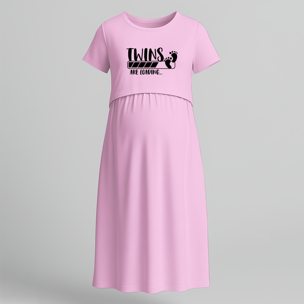 "Twins Are Loading…. "- Comfort Fit Maternity Maxi Dress With Prints - BABY PINK - Extra Small (Chest 32")