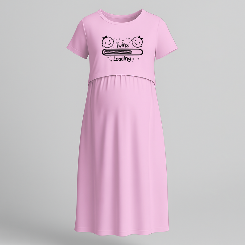 "Twins Loading…. "- Comfort Fit Maternity Maxi Dress With Prints - BABY PINK - Extra Small (Chest 32")