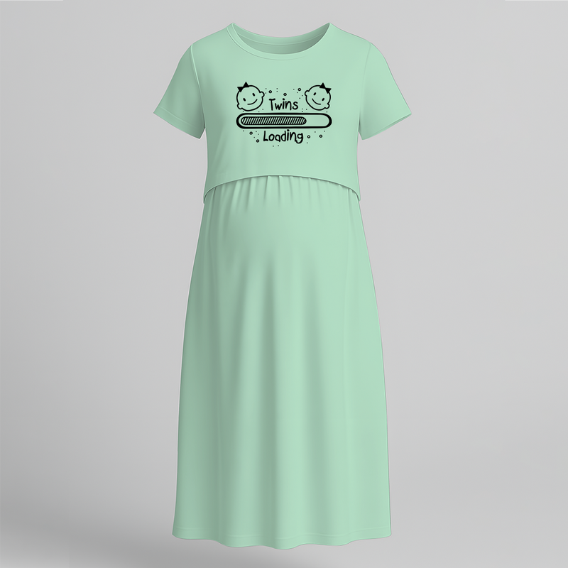 "Twins Loading…. "- Comfort Fit Maternity Maxi Dress With Prints - MINT GREEN - Extra Small (Chest 32")