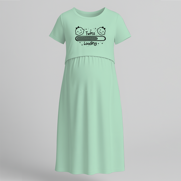 "Twins Loading…. "- Comfort Fit Maternity Maxi Dress With Prints - MINT GREEN - Extra Small (Chest 32")