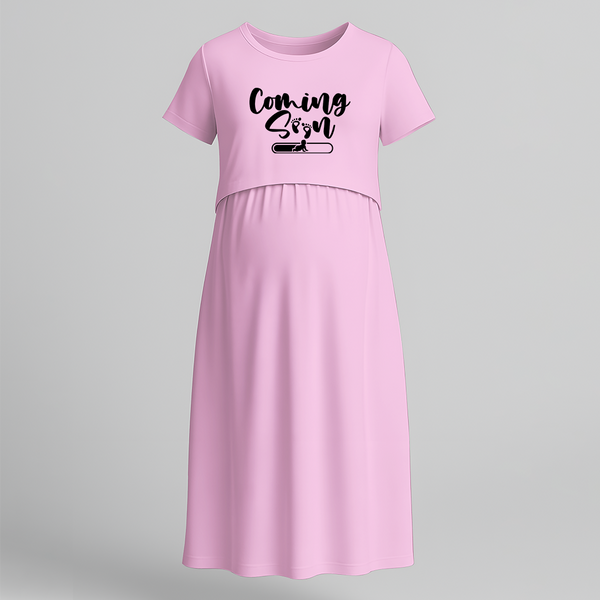 "Coming Soon "- Comfort Fit Maternity Maxi Dress With Prints - BABY PINK - Extra Small (Chest 32")