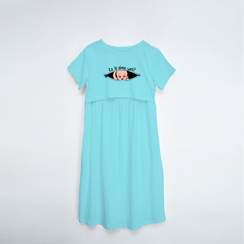 "Is It Time Yet? "- Comfort Fit Maternity Maxi Dress With Prints - AQUA BLUE - XS XS(Chest 32")