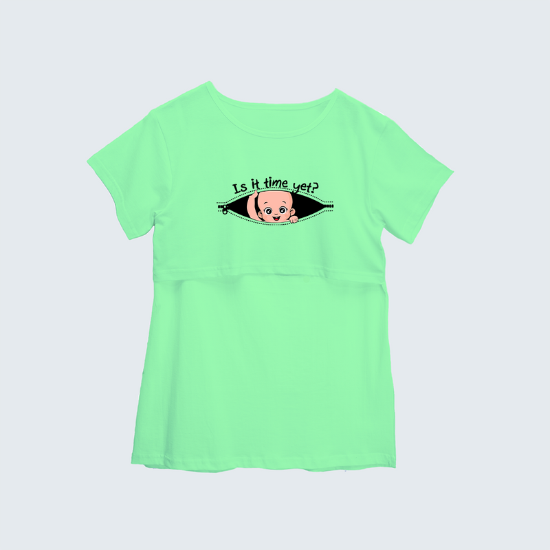 "Is It Time Yet? "- Comfort Fit Maternity T-shirt With Prints - MINT GREEN - XS XS(Chest 32")