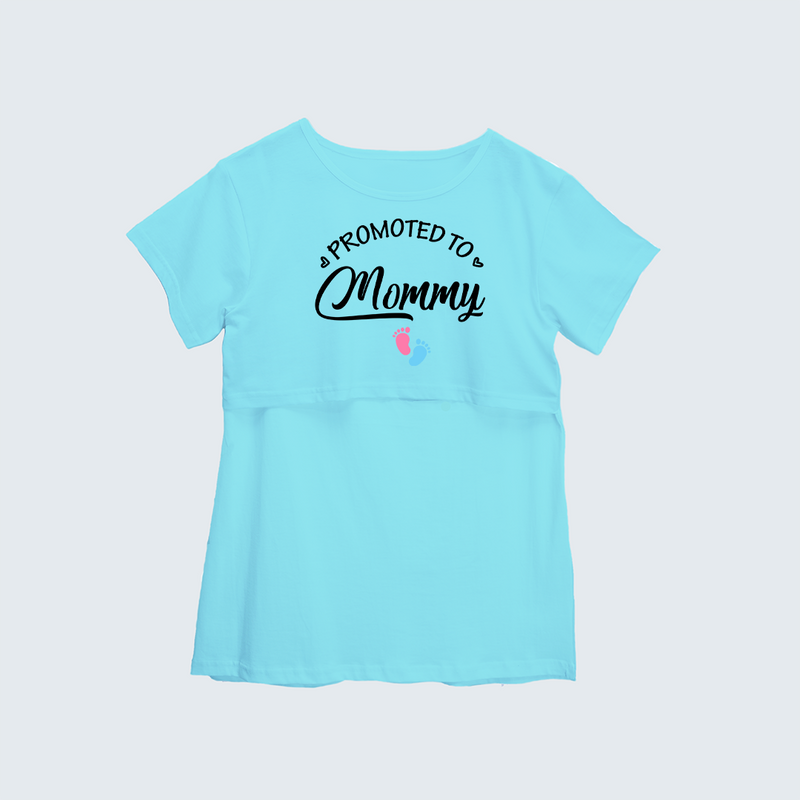 "Promoted To Mommy "- Comfort Fit Maternity T-shirt With Prints - AQUA BLUE - XS XS(Chest 32")