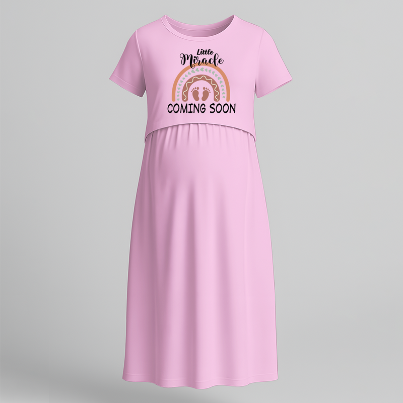 "Little Miracle Coming Soon "- Comfort Fit Maternity Maxi Dress With Prints - BABY PINK - Extra Small (Chest 32")