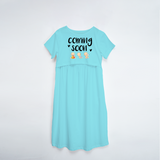 "Baby Coming Soon "- Comfort Fit Maternity Maxi Dress With Prints - AQUA BLUE - XS XS(Chest 32")