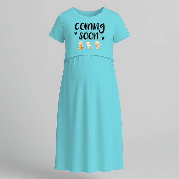 "Baby Coming Soon "- Comfort Fit Maternity Maxi Dress With Prints - BABY BLUE - Extra Small (Chest 32")