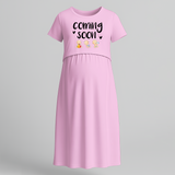 "Baby Coming Soon "- Comfort Fit Maternity Maxi Dress With Prints - BABY PINK - Extra Small (Chest 32")