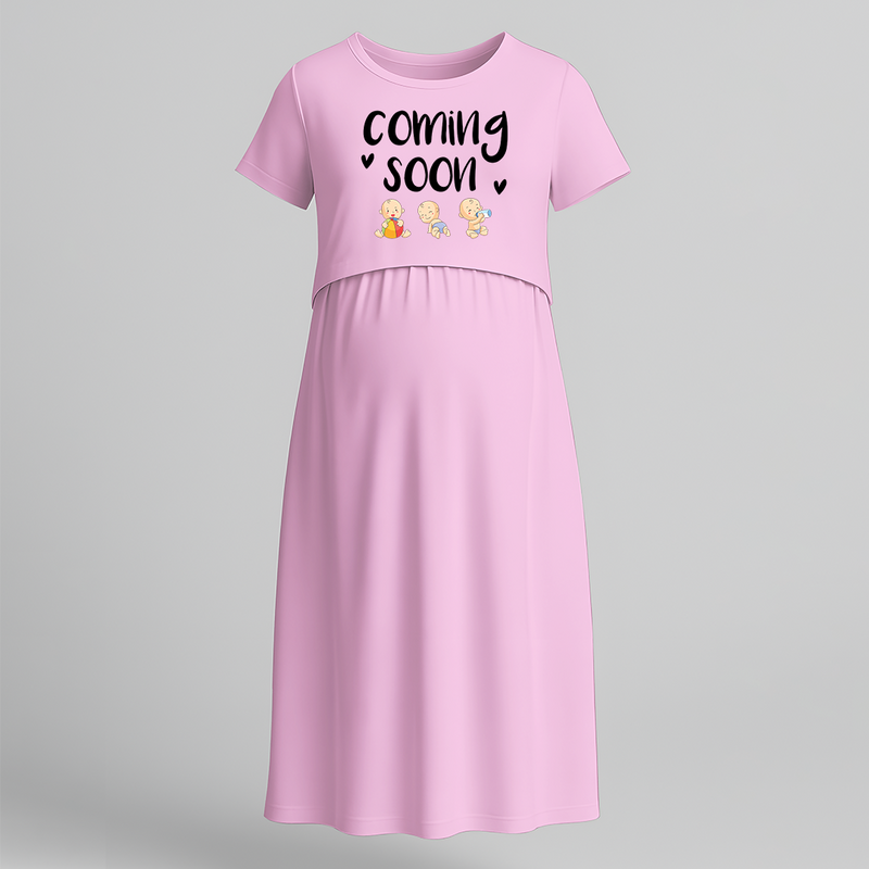 "Baby Coming Soon "- Comfort Fit Maternity Maxi Dress With Prints - BABY PINK - Extra Small (Chest 32")