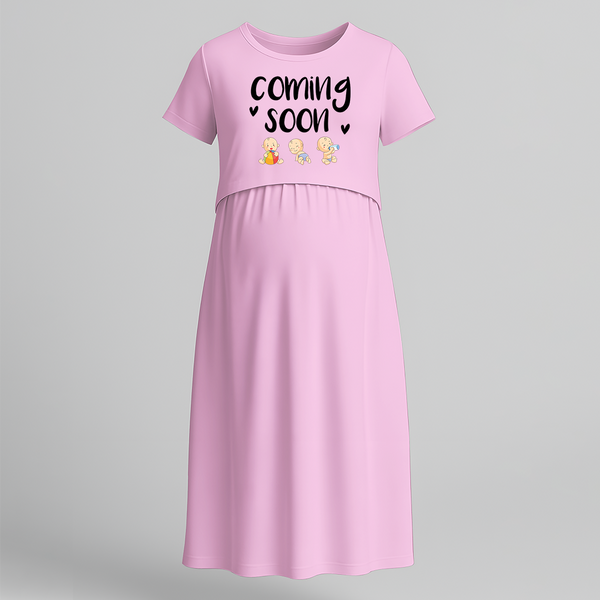 "Baby Coming Soon "- Comfort Fit Maternity Maxi Dress With Prints - BABY PINK - Extra Small (Chest 32")