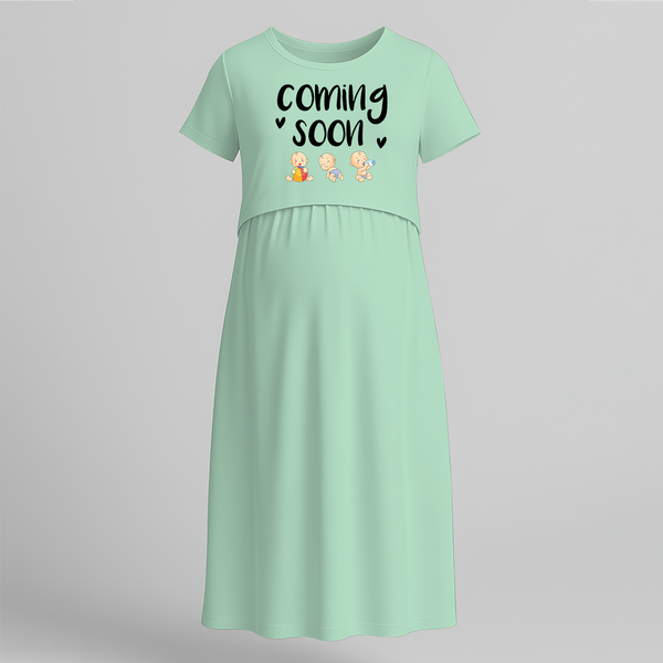 "Baby Coming Soon "- Comfort Fit Maternity Maxi Dress With Prints - MINT GREEN - Extra Small (Chest 32")