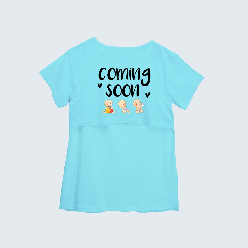 "Baby Coming Soon "- Comfort Fit Maternity T-shirt With Prints - AQUA BLUE - XS XS(Chest 32")