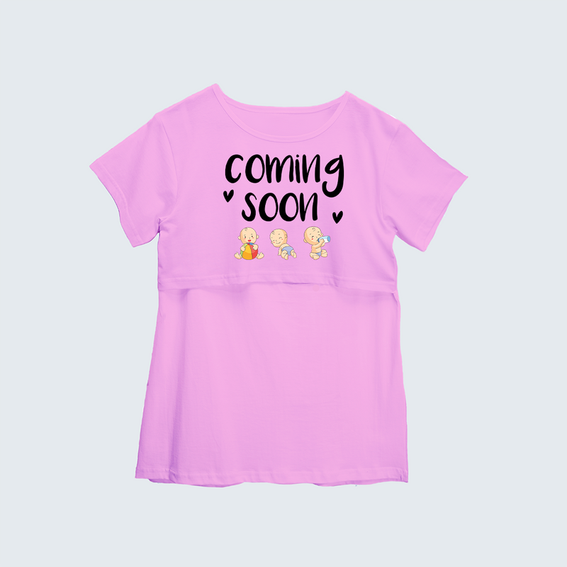 "Baby Coming Soon "- Comfort Fit Maternity T-shirt With Prints - LIGHT PINK - XS XS(Chest 32")