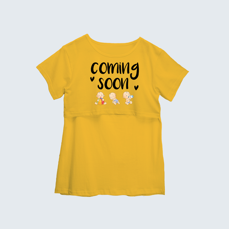 "Baby Coming Soon "- Comfort Fit Maternity T-shirt With Prints - YELLOW - XS XS(Chest 32")