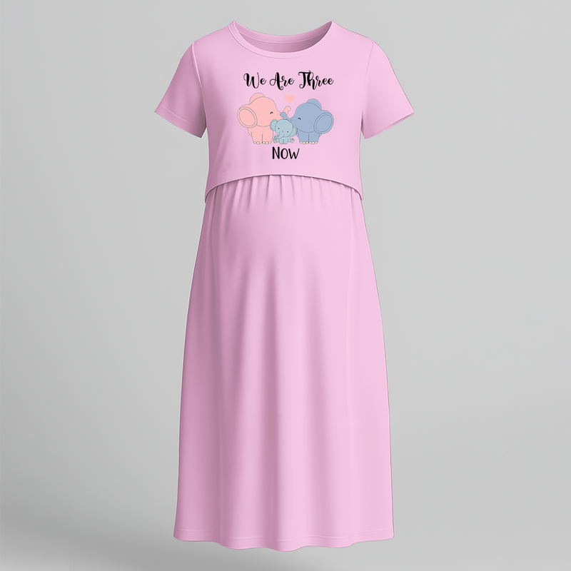 "We Are Three Now "- Comfort Fit Maternity Maxi Dress With Prints - BABY PINK - Extra Small (Chest 32")