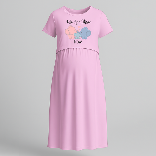 "We Are Three Now "- Comfort Fit Maternity Maxi Dress With Prints - BABY PINK - Extra Small (Chest 32")