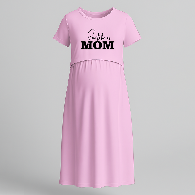 "Soon To Be Mom "- Comfort Fit Maternity Maxi Dress With Prints - BABY PINK - Extra Small (Chest 32")