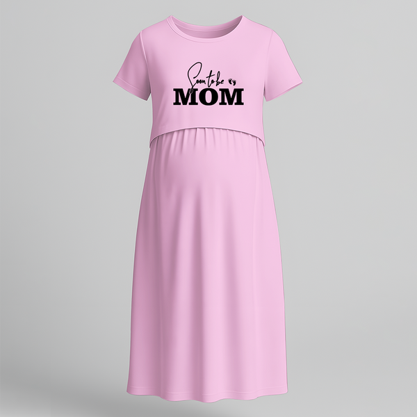 "Soon To Be Mom "- Comfort Fit Maternity Maxi Dress With Prints - BABY PINK - Extra Small (Chest 32")