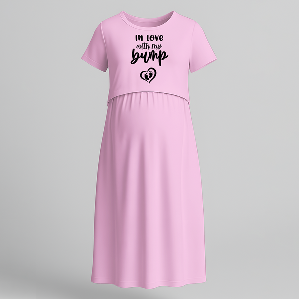"In Love With My Bump "- Comfort Fit Maternity Maxi Dress With Prints - BABY PINK - Extra Small (Chest 32")