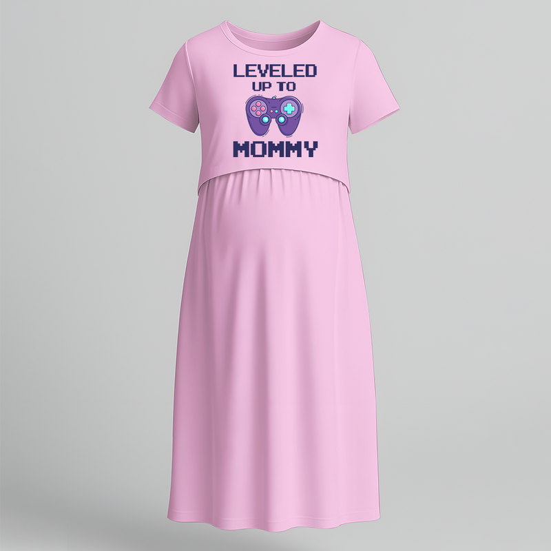 "Leveled Up To Mommy "- Comfort Fit Maternity Maxi Dress With Prints - BABY PINK - Extra Small (Chest 32")