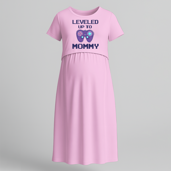 "Leveled Up To Mommy "- Comfort Fit Maternity Maxi Dress With Prints - BABY PINK - Extra Small (Chest 32")
