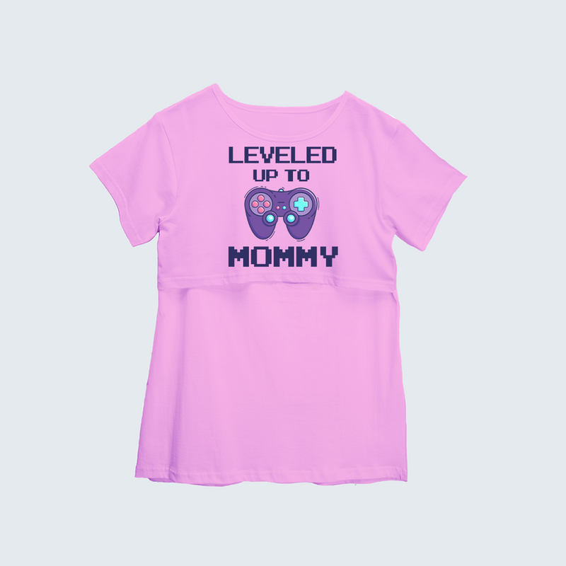 "Leveled Up To Mommy "- Comfort Fit Maternity T-shirt With Prints - LIGHT PINK - XS XS(Chest 32")