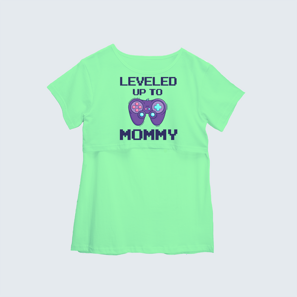 "Leveled Up To Mommy "- Comfort Fit Maternity T-shirt With Prints - MINT GREEN - XS XS(Chest 32")