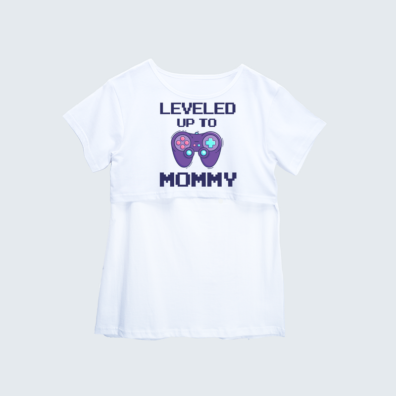 "Leveled Up To Mommy "- Comfort Fit Maternity T-shirt With Prints - WHITE - XS XS(Chest 32")