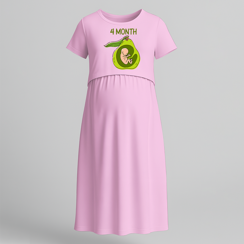 "4 Month"- Comfort Fit Maternity Maxi Dress With Prints - BABY PINK - Extra Small (Chest 32")