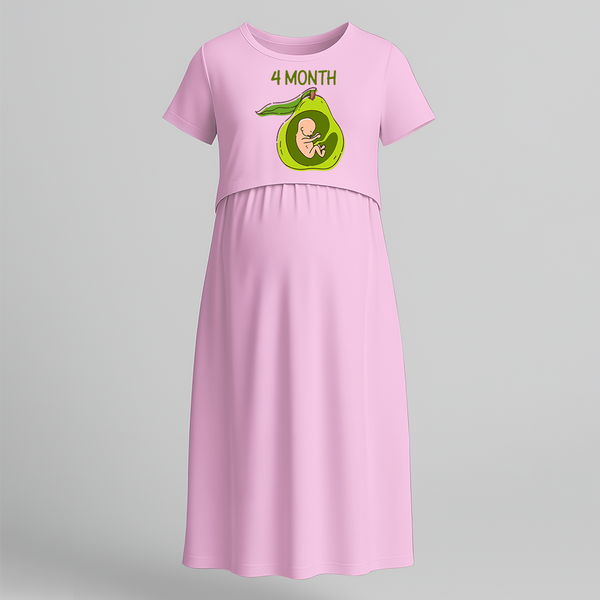 "4 Month"- Comfort Fit Maternity Maxi Dress With Prints - BABY PINK - Extra Small (Chest 32")
