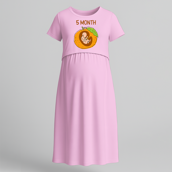 "5 Month"- Comfort Fit Maternity Maxi Dress With Prints - BABY PINK - Extra Small (Chest 32")