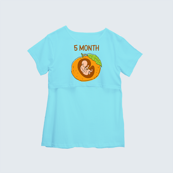 "5 Month"- Comfort Fit Maternity T-shirt With Prints - AQUA BLUE - XS XS(Chest 32")