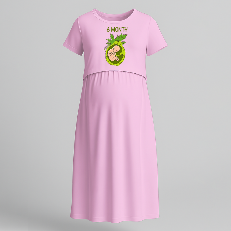 "6 Month"- Comfort Fit Maternity Maxi Dress With Prints - BABY PINK - Extra Small (Chest 32")