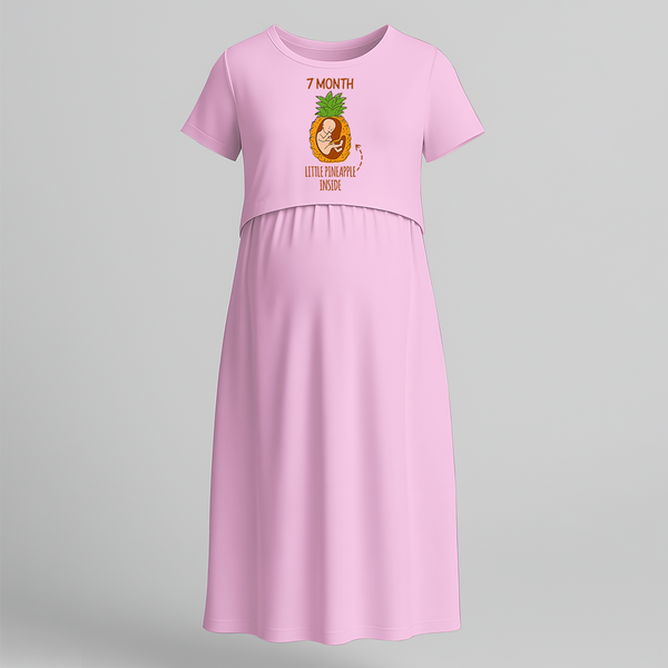 "7 Month"- Comfort Fit Maternity Maxi Dress With Prints - BABY PINK - Extra Small (Chest 32")