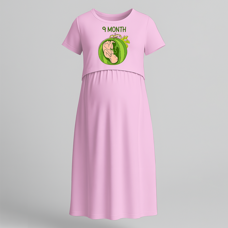 "9 Month"- Comfort Fit Maternity Maxi Dress With Prints - BABY PINK - Extra Small (Chest 32")