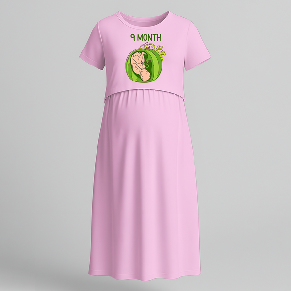 "9 Month"- Comfort Fit Maternity Maxi Dress With Prints - BABY PINK - Extra Small (Chest 32")