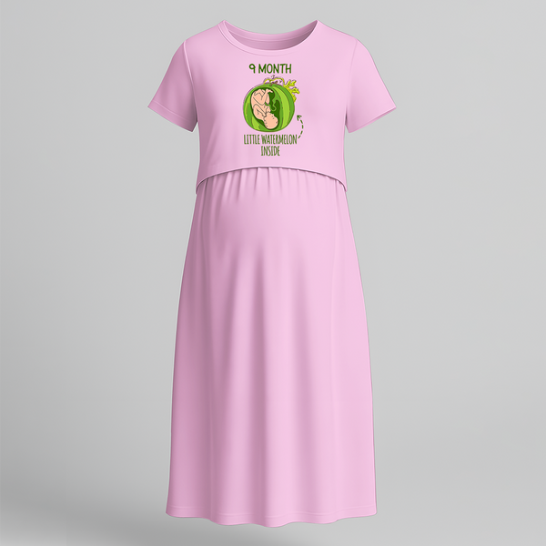 "9 Month"- Comfort Fit Maternity Maxi Dress With Prints - BABY PINK - Extra Small (Chest 32")