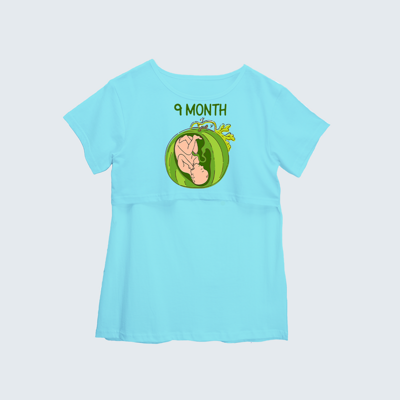 "9 Month"- Comfort Fit Maternity T-shirt With Prints - AQUA BLUE - XS XS(Chest 32")