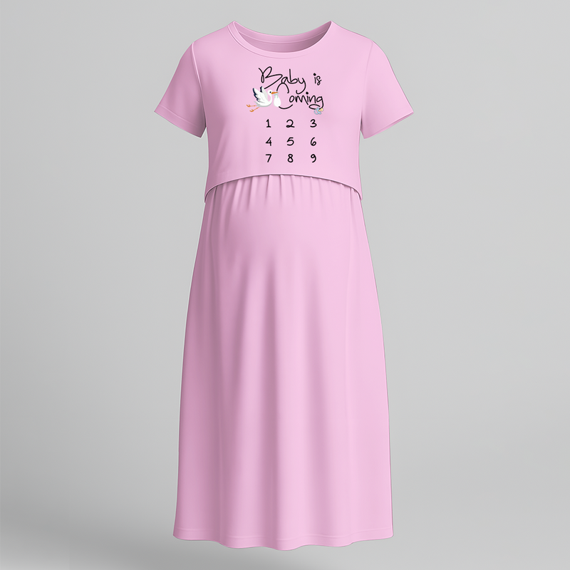 "Baby Is Coming..."- Comfort Fit Maternity Maxi Dress With Prints - BABY PINK - Extra Small (Chest 32")