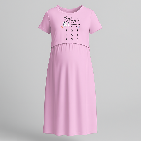 "Baby Is Coming..."- Comfort Fit Maternity Maxi Dress With Prints - BABY PINK - Extra Small (Chest 32")