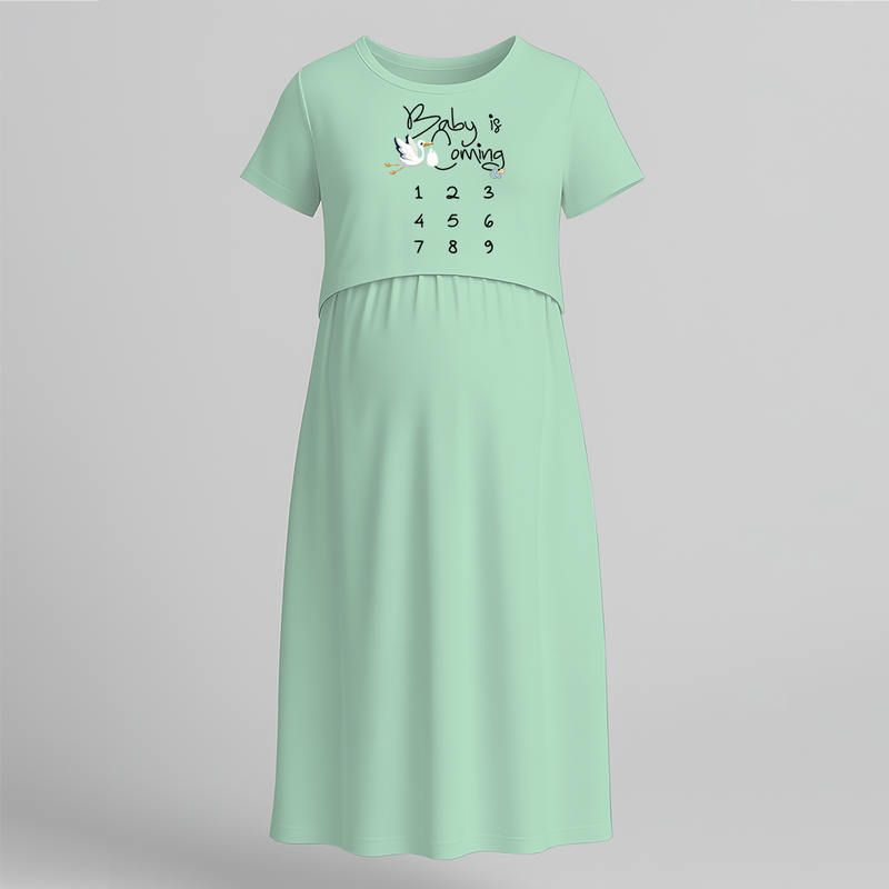 "Baby Is Coming..."- Comfort Fit Maternity Maxi Dress With Prints - MINT GREEN - Extra Small (Chest 32")